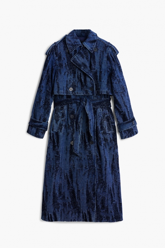 Trench denim degrade albastru-mov, midi, cu curea