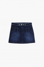 Fustă mini denim cu buzunare și margini contrastante