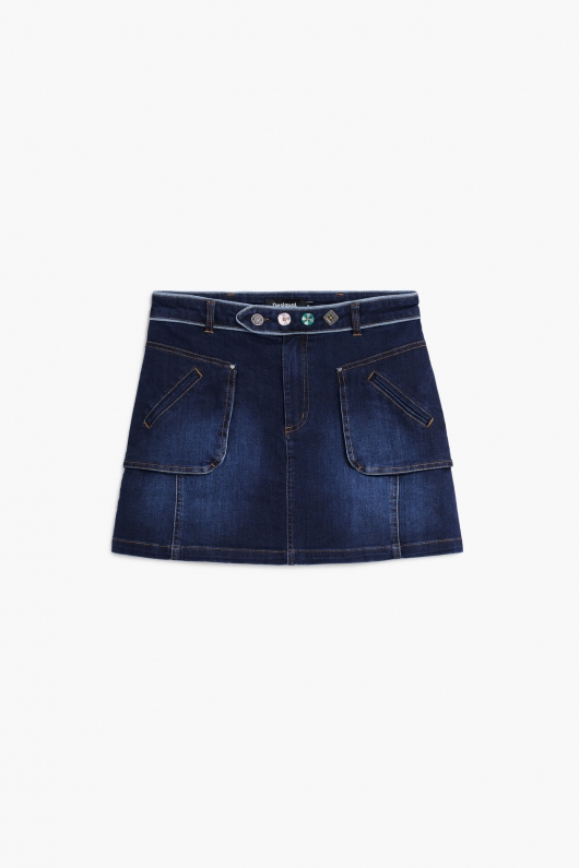 Fustă mini denim cu buzunare și margini contrastante