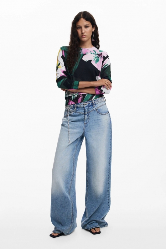 Pulover subțire floral multicolor din tricot fin