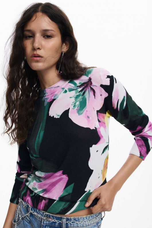 Pulover subțire floral multicolor din tricot fin