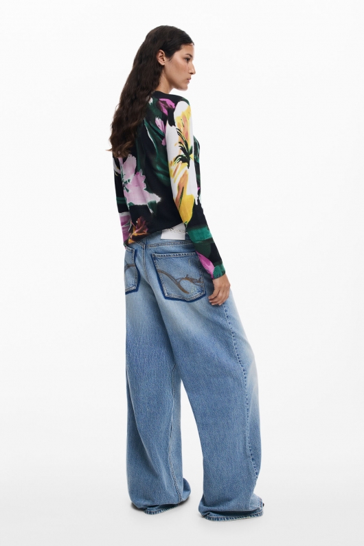 Pulover subțire floral multicolor din tricot fin