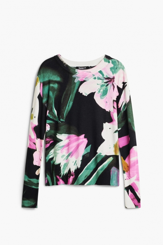 Pulover subțire floral multicolor din tricot fin