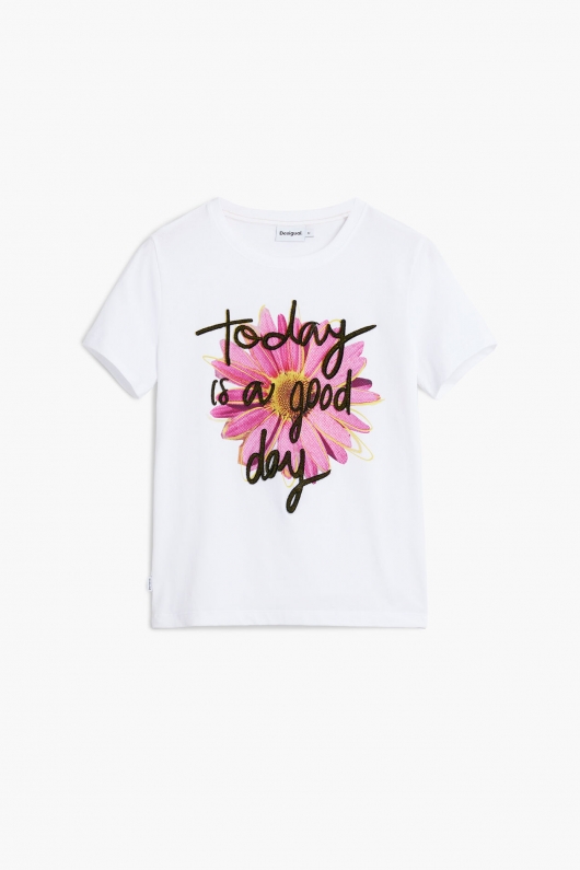 Tricou alb cu print floral multicolor și text