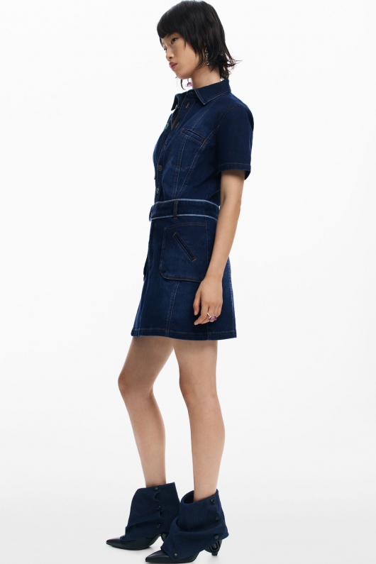 Rochie mini din denim albastru cu buzunare