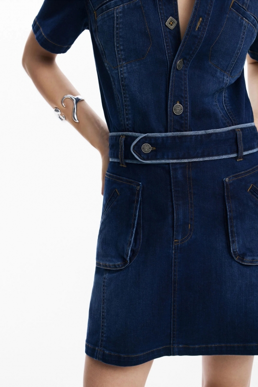 Rochie mini din denim albastru cu buzunare
