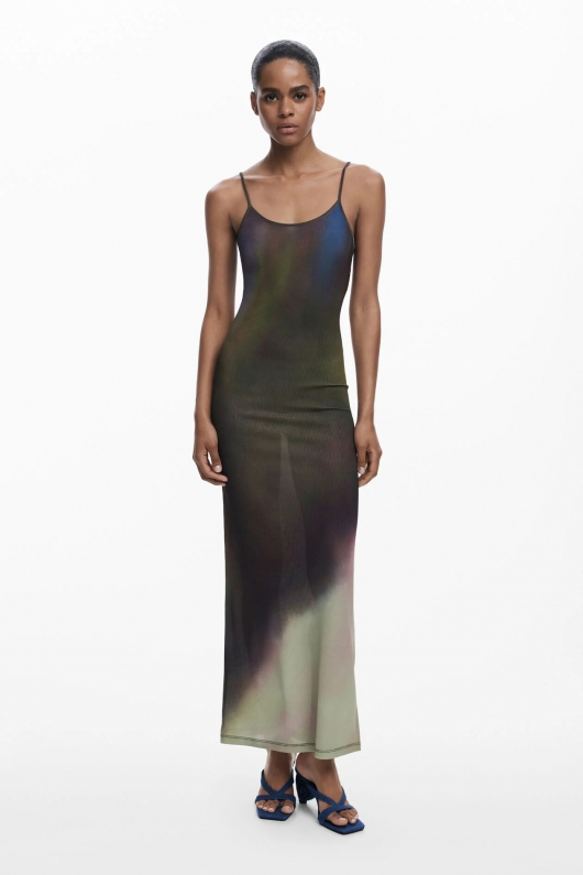 Rochie midi slip cu imprimeu blur și bluză detașabilă