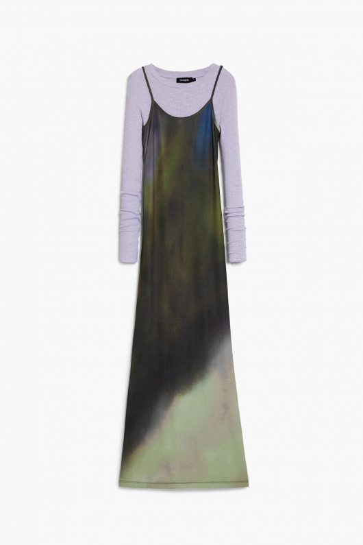 Rochie midi slip cu imprimeu blur și bluză detașabilă