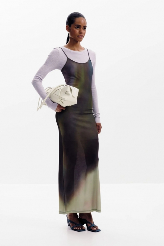 Rochie midi slip cu imprimeu blur și bluză detașabilă