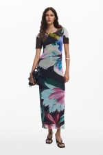 Rochie midi mulată cu print floral multicolor