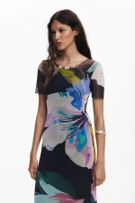 Rochie midi mulată cu print floral multicolor