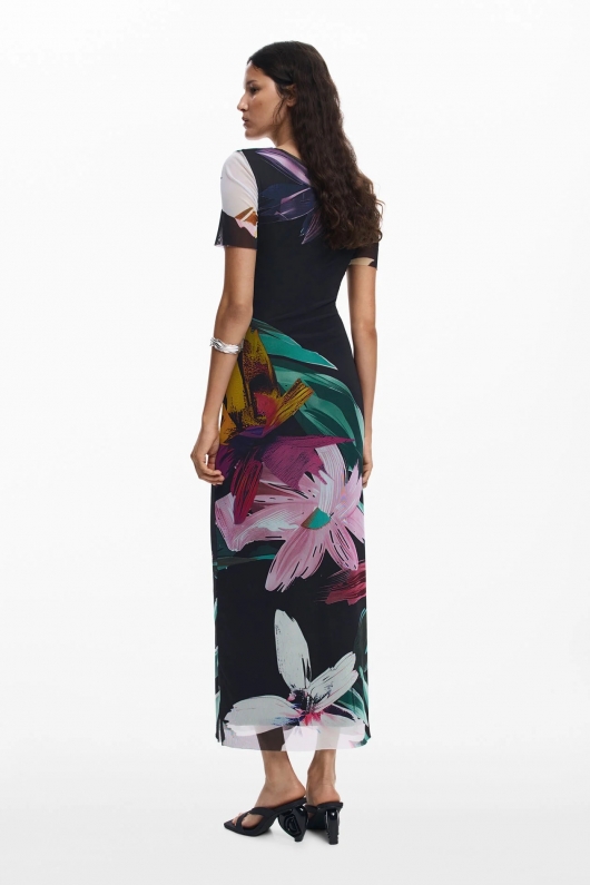 Rochie midi mulată cu print floral multicolor