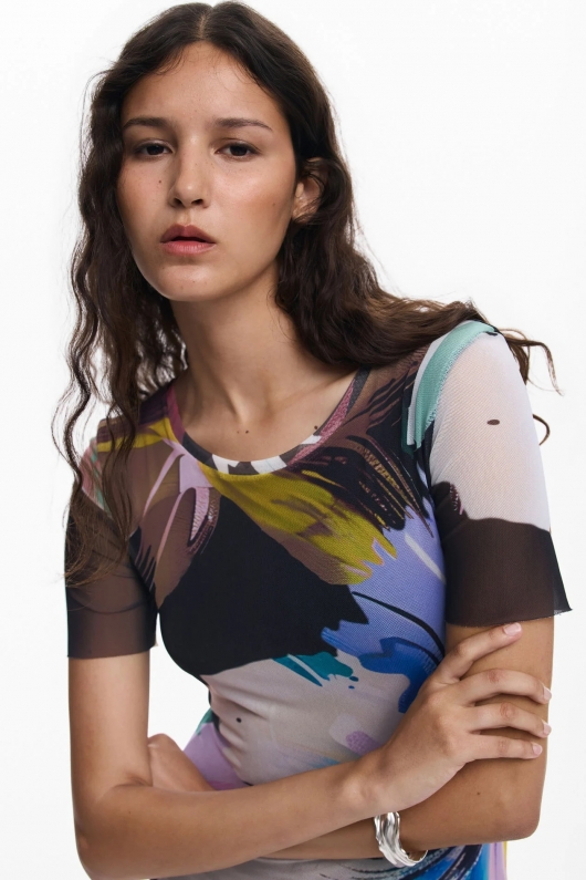 Rochie midi mulată cu print floral multicolor