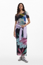 Rochie midi mulată cu print floral multicolor