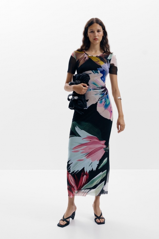Rochie midi mulată cu print floral multicolor
