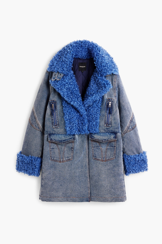 Palton hibrid denim cu blana