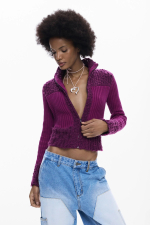 Pulover visiniu cu fermoar din tricot