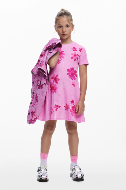 Rochie roz, plisata cu flori