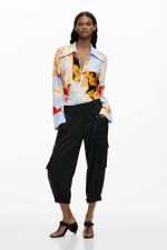 Pantaloni negri, satinati, 3/4 cargo