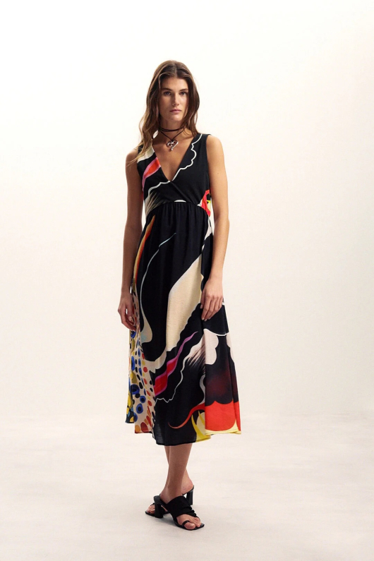 Rochie neagra cu print multicolor, creata de Mr. Christian Lacroix