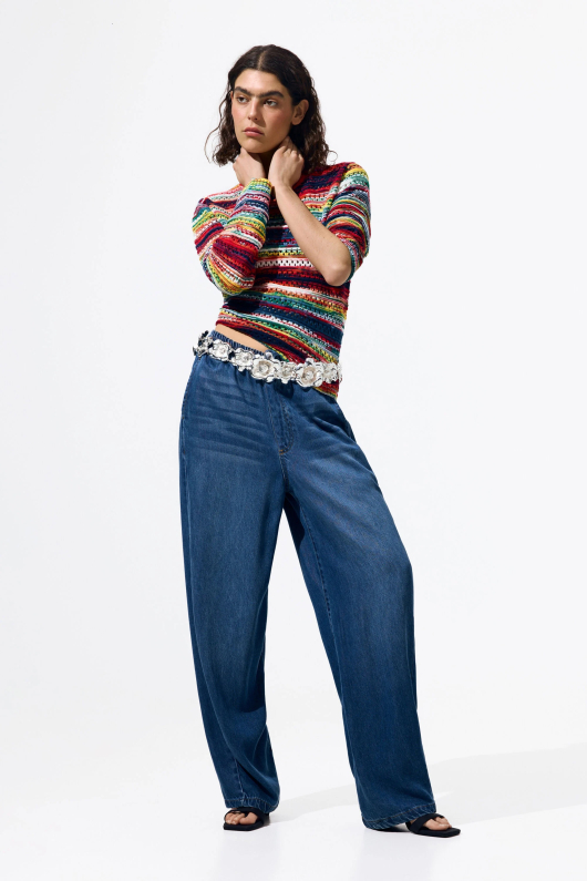 Pantalon lung din denim elastic