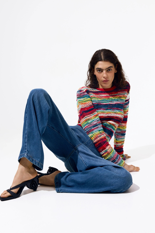 Pantalon lung din denim elastic