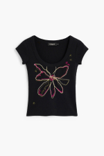 TRICOU NEGRU CU PRINT FLOARE