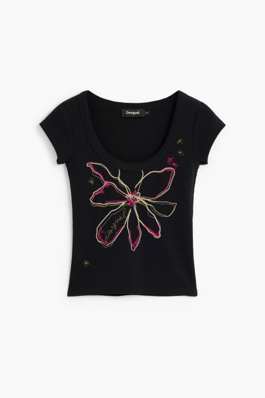 TRICOU NEGRU CU PRINT FLOARE
