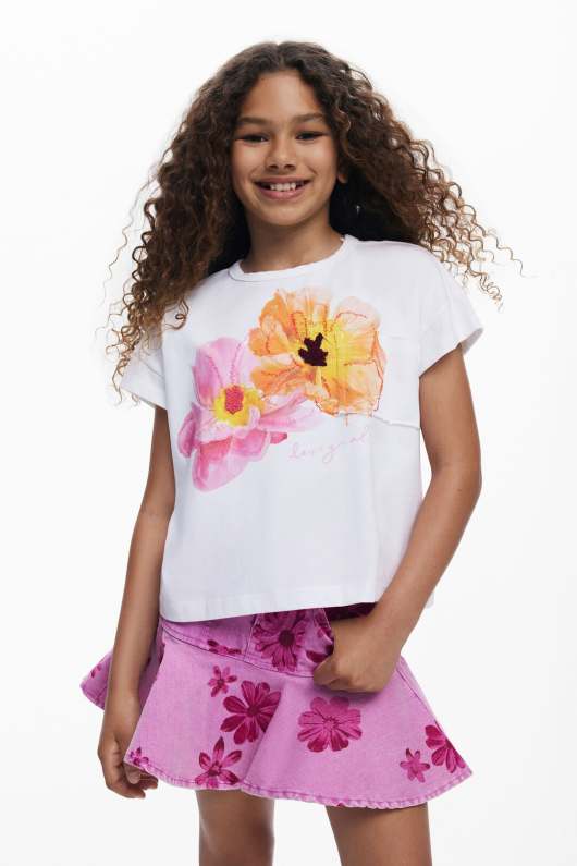 Tricou cu maneca scurta cu broderii florale