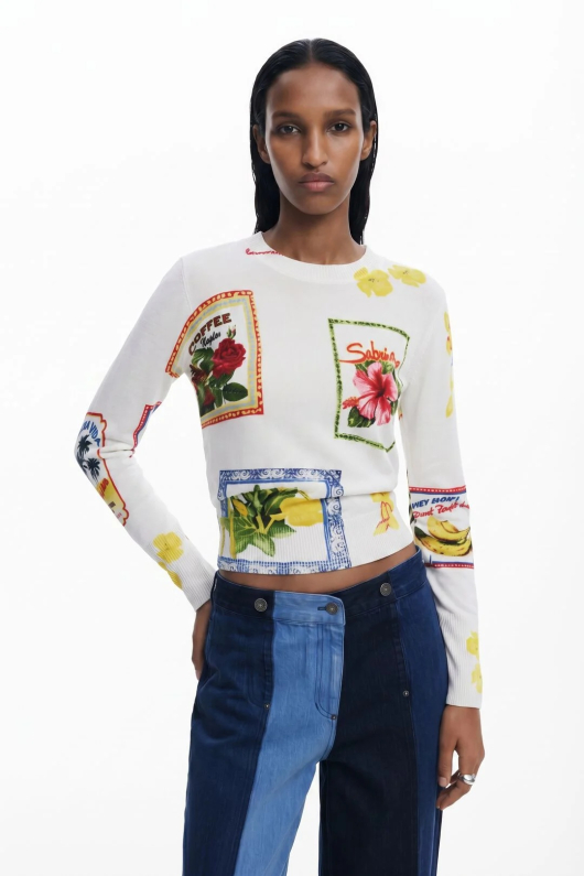 PULOVER ALB CU PRINT