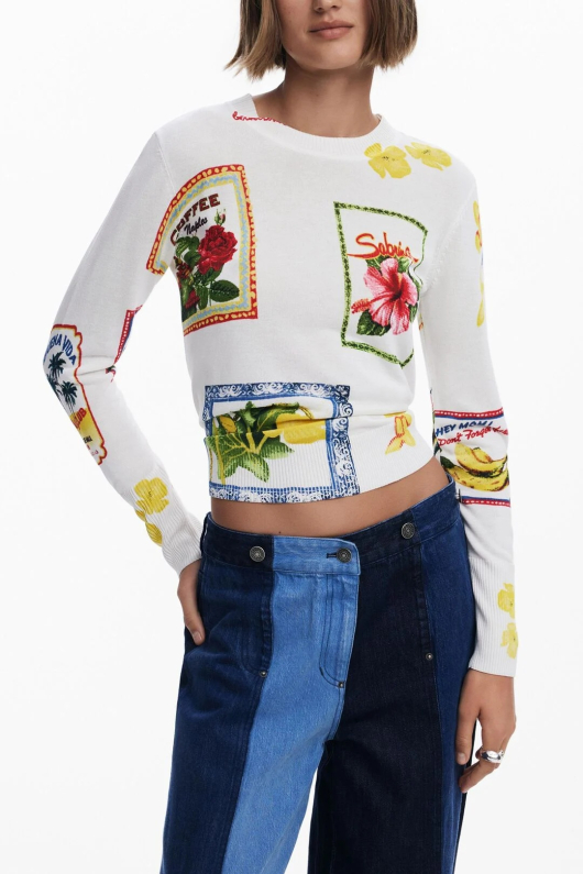 PULOVER ALB CU PRINT