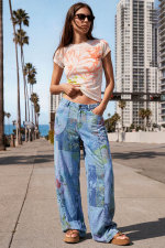 PANTALONI SUBTIRI DENIM CU IMPRIMEU FLORAL