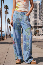 PANTALONI SUBTIRI DENIM CU IMPRIMEU FLORAL