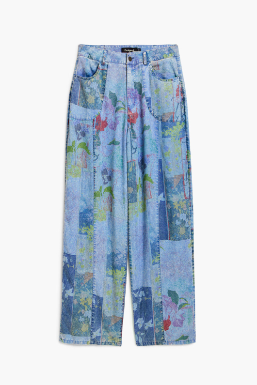 PANTALONI SUBTIRI DENIM CU IMPRIMEU FLORAL