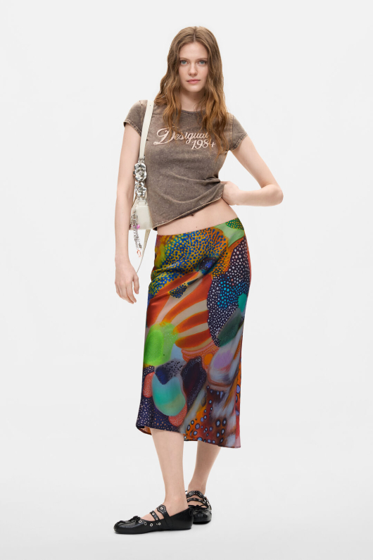 FUSTA MIDI, SATINATA, CU PRINT