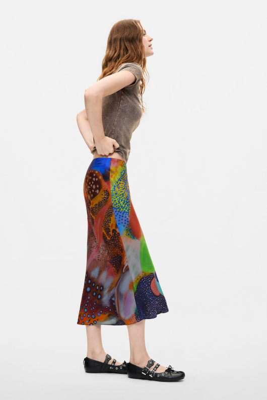 FUSTA MIDI, SATINATA, CU PRINT