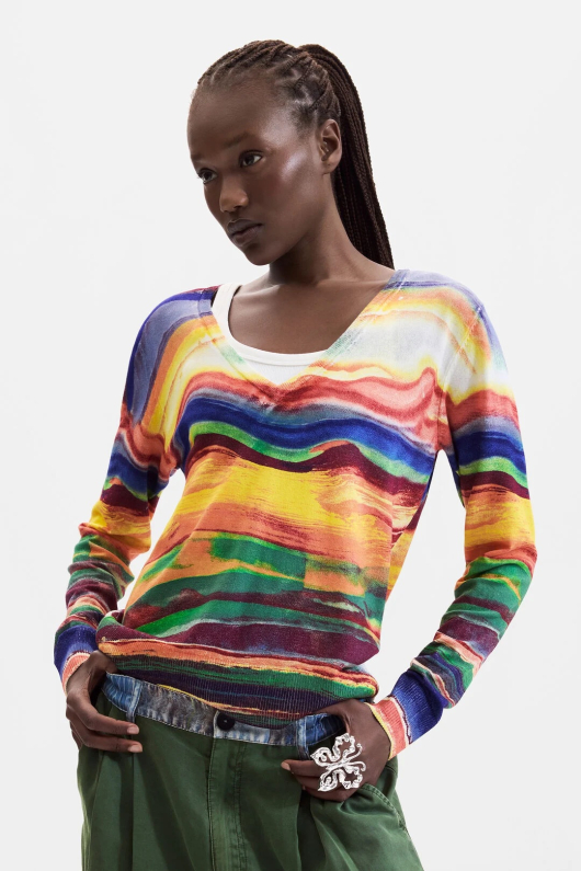 Pulover tricot subtire cu imprimeu