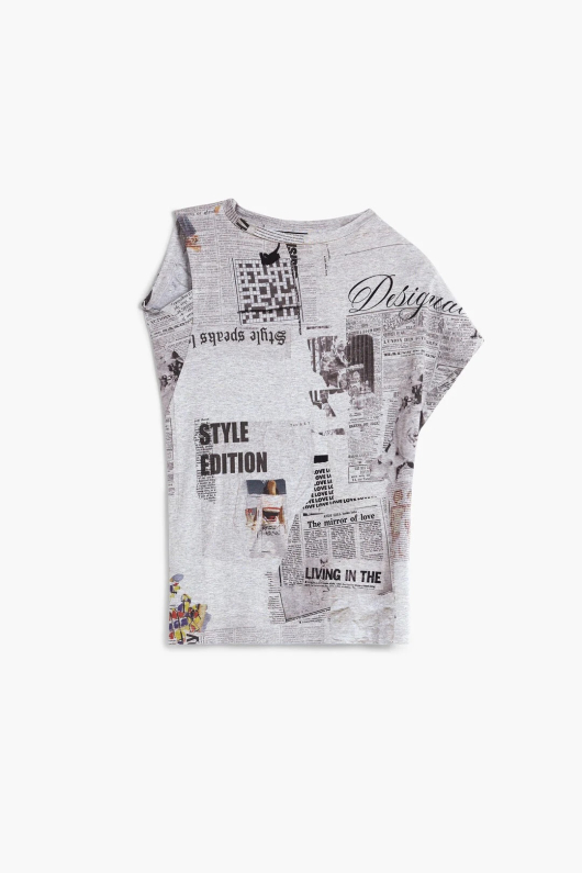 TRICOU ASIMETRIC, GRI CU PRINT