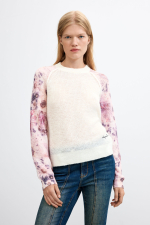 Pulover crem, cu imprimeu floral pe maneci