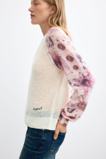 Pulover crem, cu imprimeu floral pe maneci