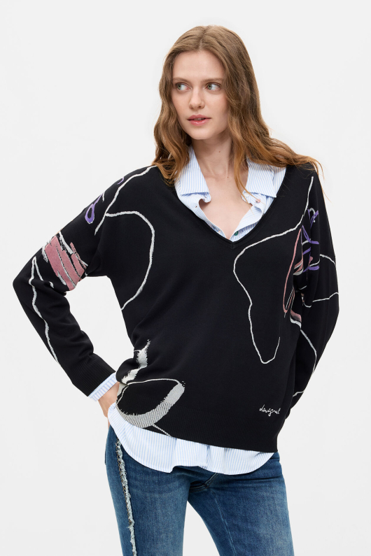 Pulover negru, subtire imprimat